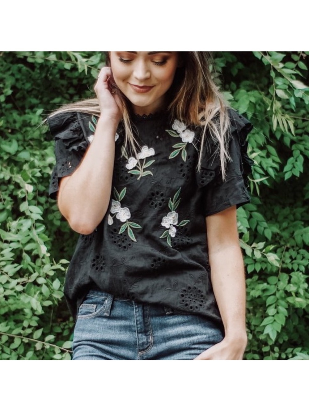 Black Eyelet Floral Embroidered Short Sleeve Top